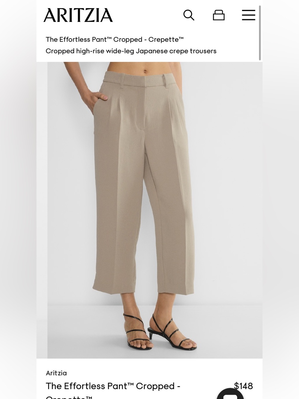 Aritzia Effortless Cropped Crepette Pant in Nomad Taupe